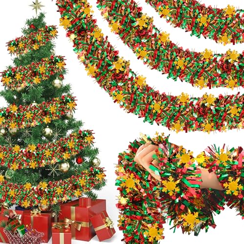 393ft-Christmas-Snowflake-Tinsel-Garland-Green-Red-Gold-Metallic-Tinsel-Twist-Garland-Xmas-Glitter-Ceiling-Hanging-Decorations-for-Christmas-New-Year-Party-Holiday-Tree-Home-Indoor-Outdoor-Decor 39.3ft Christmas Snowflake Tinsel Garland Green Red Gold Metallic Tinsel Twist Garland Xmas Glitter Ceiling Hanging Decorations for Christmas New Year Party Holiday Tree Home Indoor Outdoor Decor - Image 1