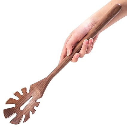 LOCDION Large Wooden Spaghetti Spoon Server,17 Inch Long Handled Wooden Pasta Spoon with Teeth,Heavy-Duty Wood Pasta Folk for Stirring,Draining & Serving-Great for Big Stock Pots(Walnut)