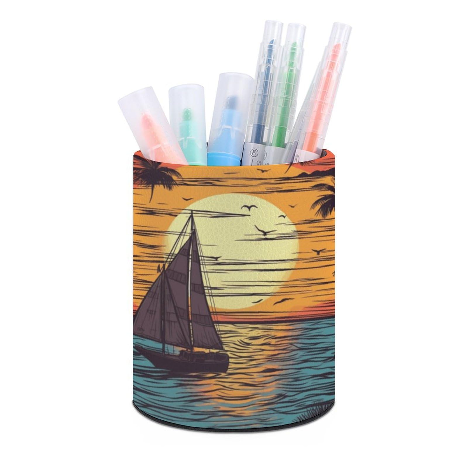 JTREHY Round Pen Holder,Sunset And Sailboat Printed Makeup Brush Storage Box for Home Office Dressing Table