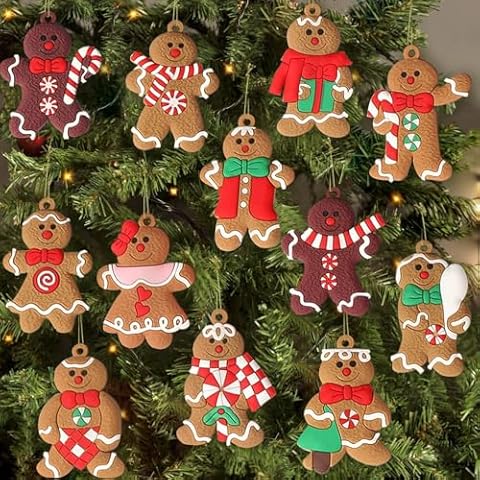 12pcs Gingerbread Man Ornaments for Christmas Tree, Assorted Gingerbread Figurines Ornaments, Christmas Tree Hanging Decorations, 3 Inch Tall Cover