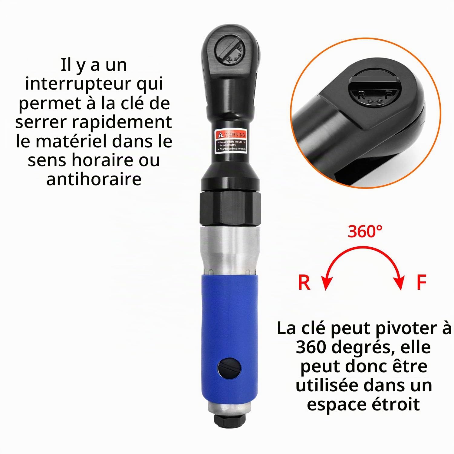 QWORK® Cléà cliquet à air 1/2" / 12.5mm à cliquet à air ultra rapide et robuste, couple maximal de 85 N.M