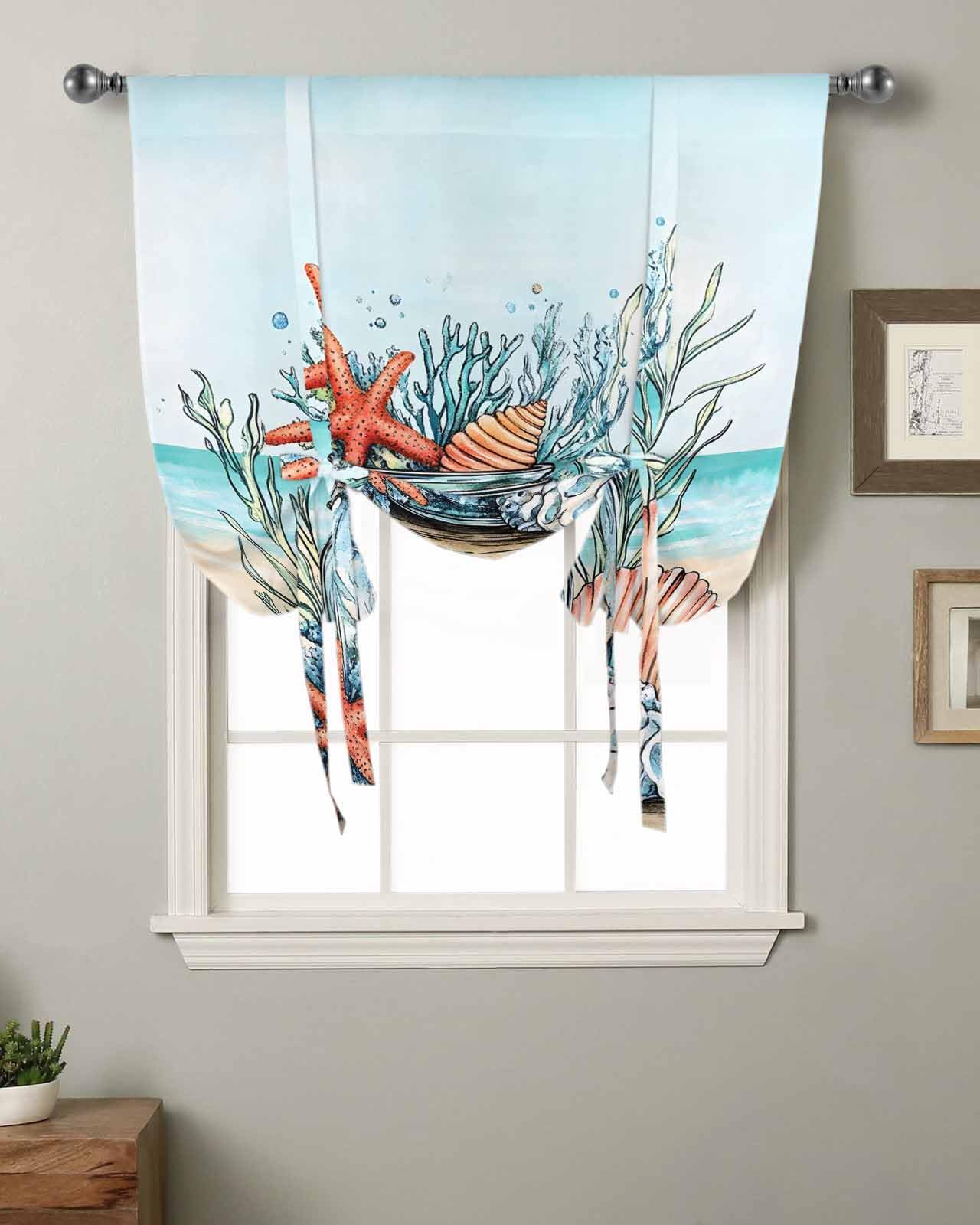 Tie Up Curtains for Kitchen Windows,Summer Ocean Coral Shell Starfish Adjustable Balloon Shade Curtain Panel Rod Pocket Drapes for Small Window Decor 34