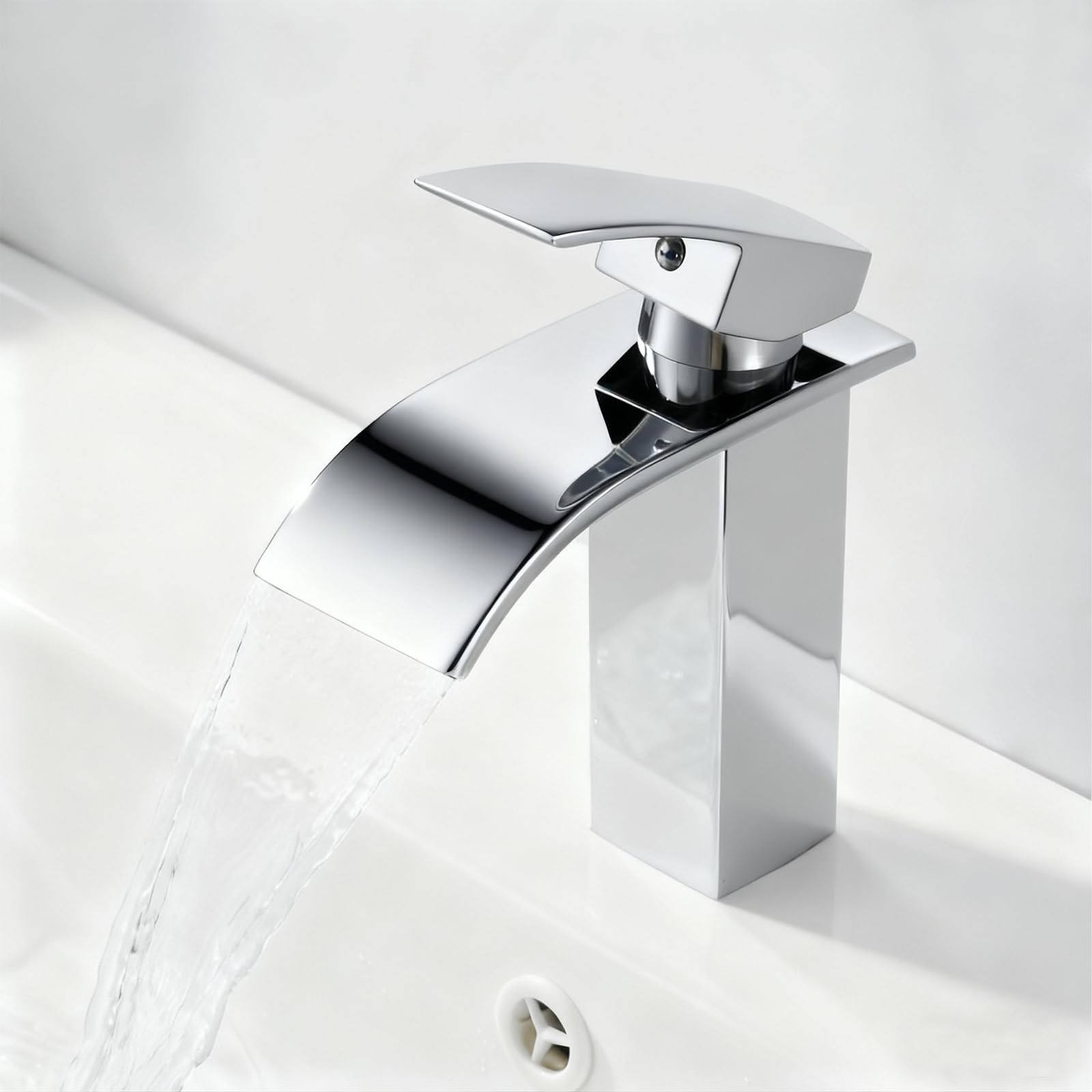 kisimixer Mitigeur Lavabo Cascade avec Bec Hauteur 10cm, Robinet Lavabo Salle de Bain Moderne, Mitigeur Monocommande Lavabo Eau Chaude et Froide Disponible (sans Bonde, sans Tirette de Vidage) Chromé