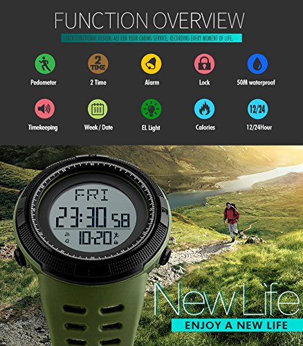 SKMEI Digital Watch Model 1295 function overview graphic showing icons for pedometer, 2 time, alarm, lock, 50M waterproof, timekeeping, week/date, EL light, calories, 12/24 hour.