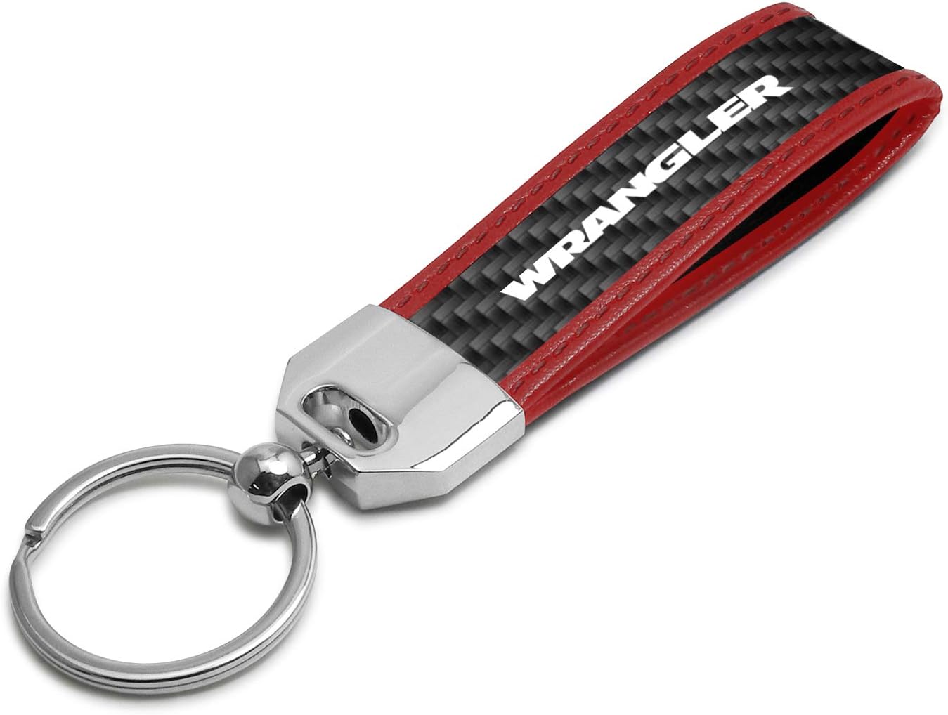 iPick Image for Jeep Wrangler Real Carbon Fiber Strap with Red Leather Stitching Edge Key Chain - Official Licensed