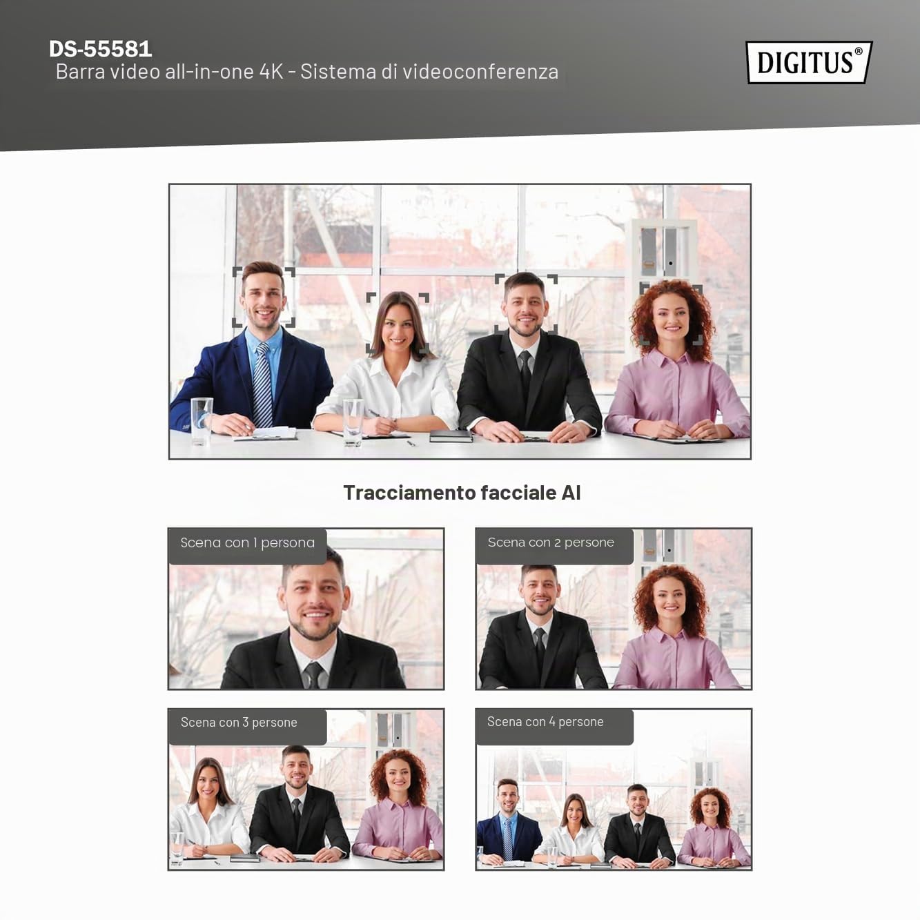 DIGITUS DS-55581 Video Bar Mini, Sistema di videoconferenza - Webcam 4K UHD 30 Hz ePTZ - 2 microfoni interni - altoparlante interno 2 W - messa a fuoco e zoom automatici, cancellazione dell'eco