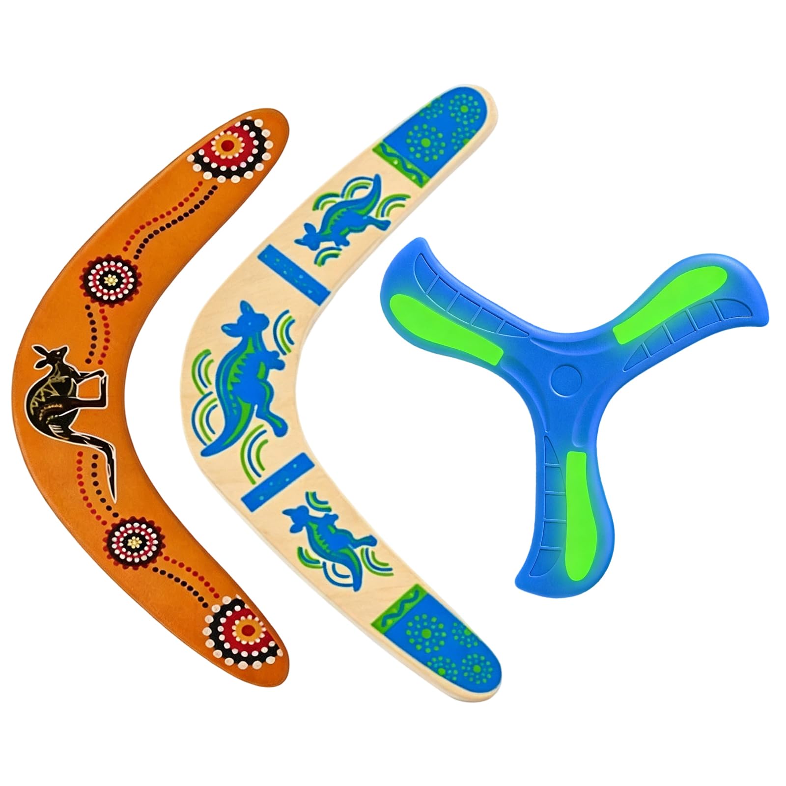 3Pcs Wooden Boomerang for Kids & Adults, Kids Frisbee, Beach Games, Frisbee for Kids, Outdoor Skill Development, Screen-Free Entertainment, Glow in The Dark, Blue and Orange Colours, 35-36.6 cm
