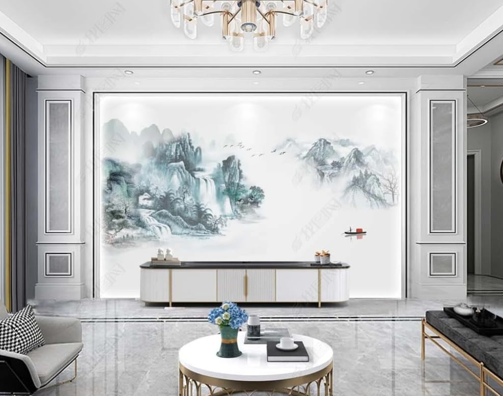 Papier peint paysage encre de Chine pour habiller un grand mur de salon