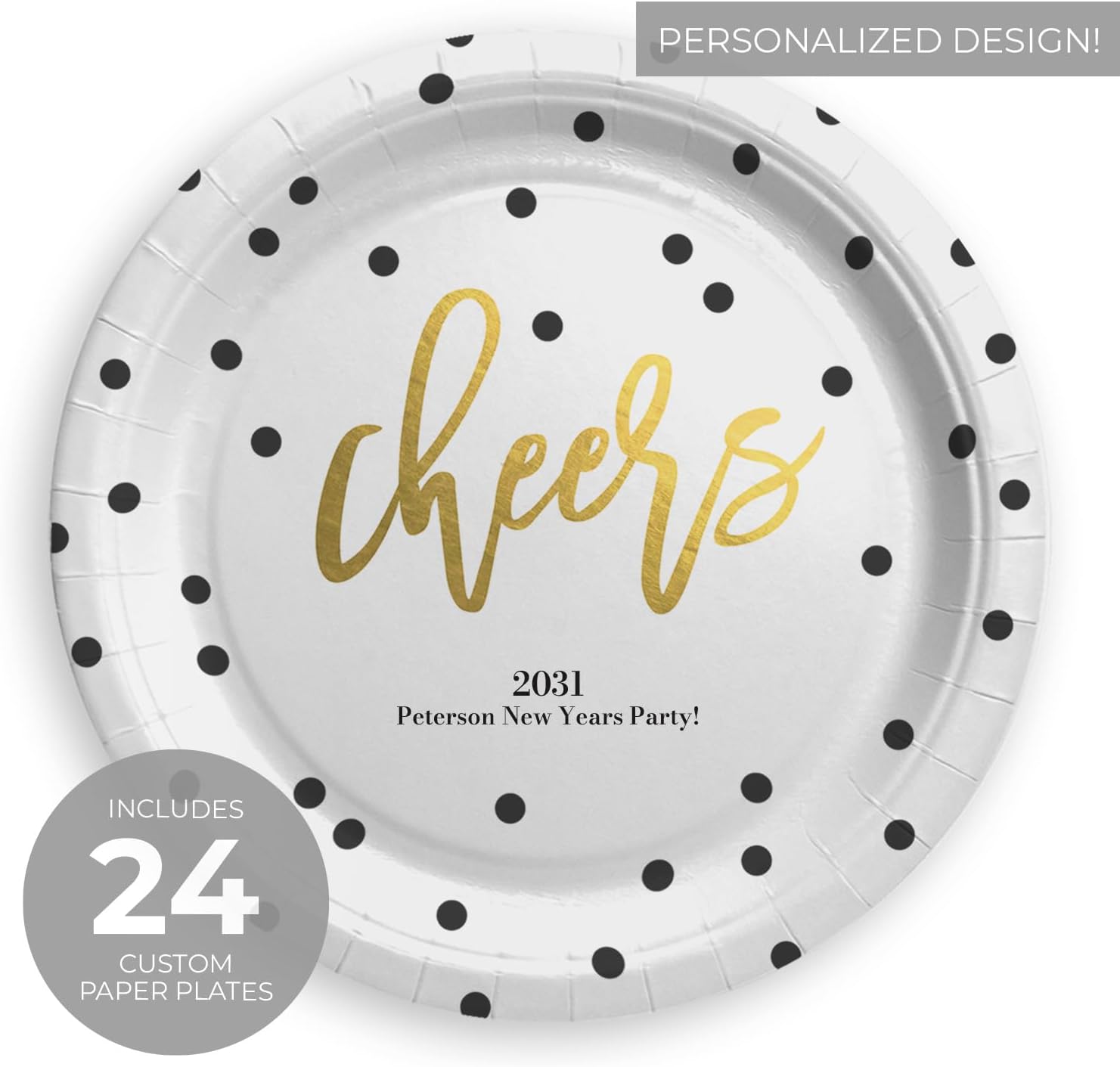 Personalized Polka Dot Cheers Dinner Paper Plates / 24 Black And Gold Confetti Celebration Wedding Anniversary DIY Meal Plates / 7 1/2" Diameter Custom New Year Event Plate Pack / Made In The USA