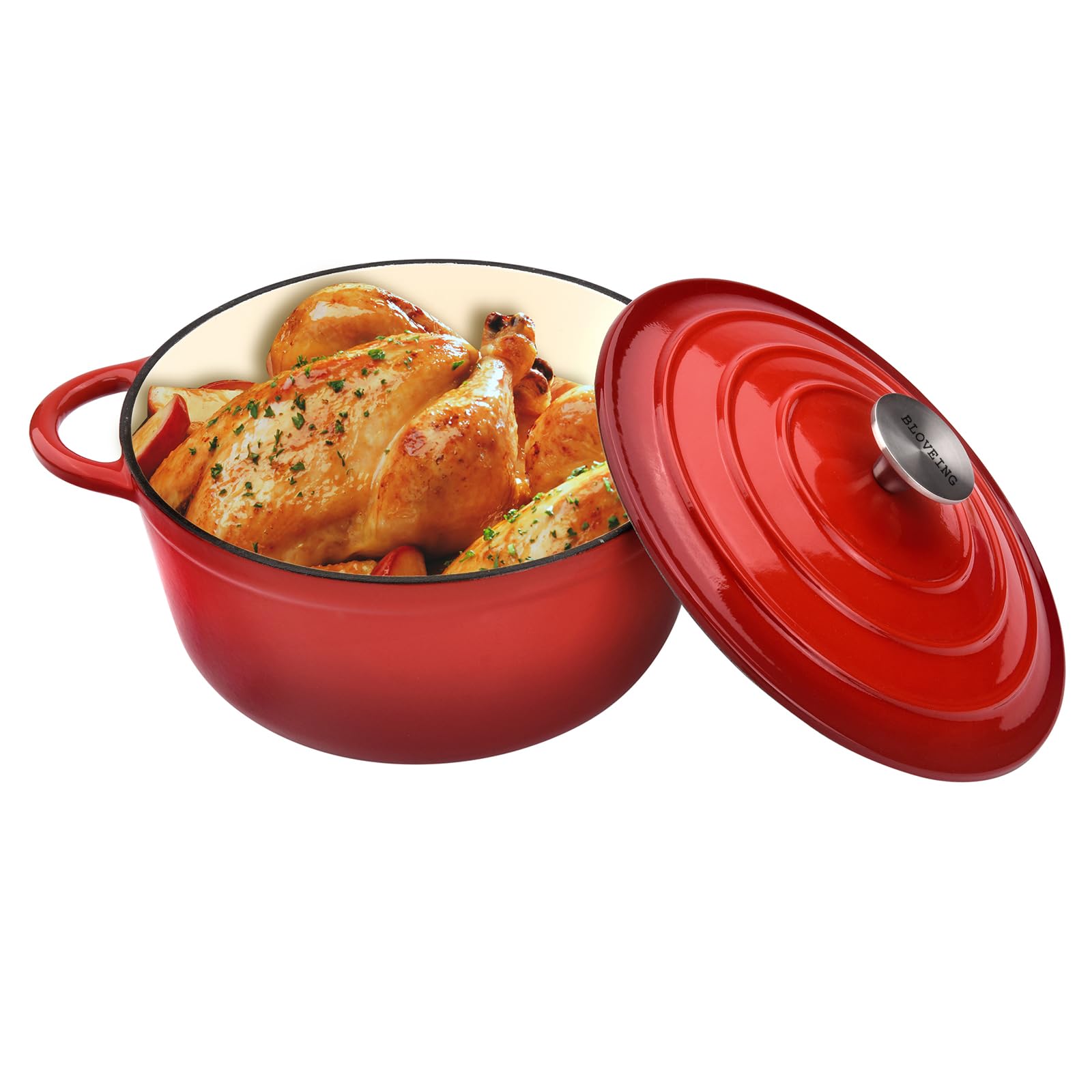 Horno holandés de hierro fundido esmaltado de 3 cuartos de galón con tapa, horno holandés redondo, grande, asas dobles, olla redonda clásica para hornear en casa, cocinar, rojo