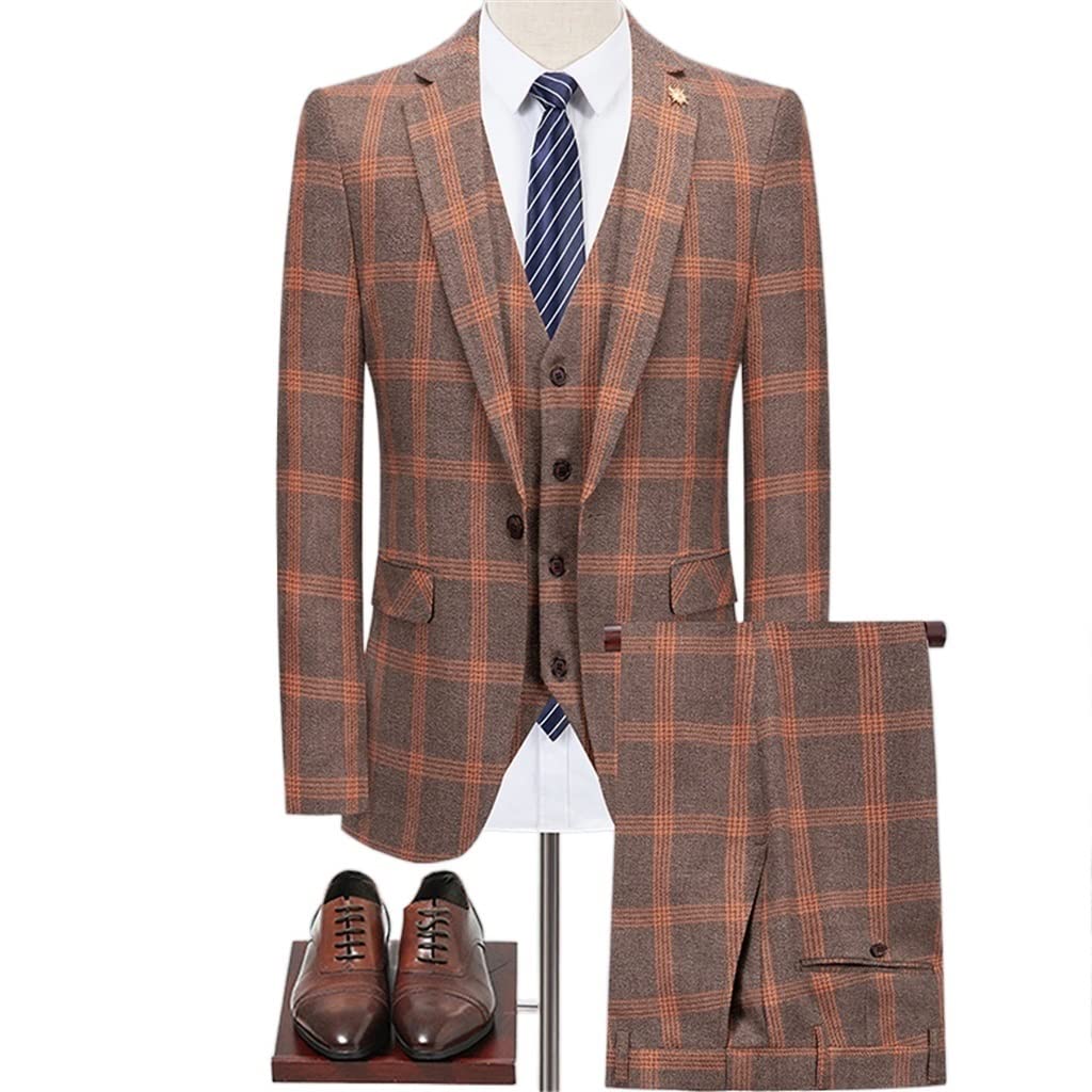 【服装】GPPZM (Jacket + Vest + Pants) Men's Business Formal Fit Wedding Prom Suit Men's Plaid Groom Dress Blazer 3 Piece Set 男士西装(Color : A, Size : XL code)