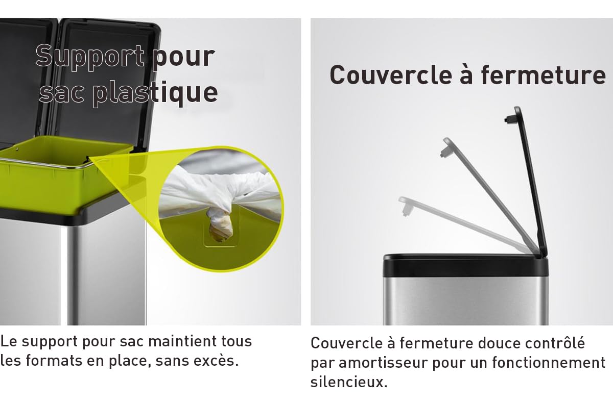 EKO Poubelle Cuisine Double Tri 2 Compartiments 20L + 20L | Acier Inoxydable Anti-Traces avec Pédale | Fermeture Silencieuse | sous Évier Compact Double