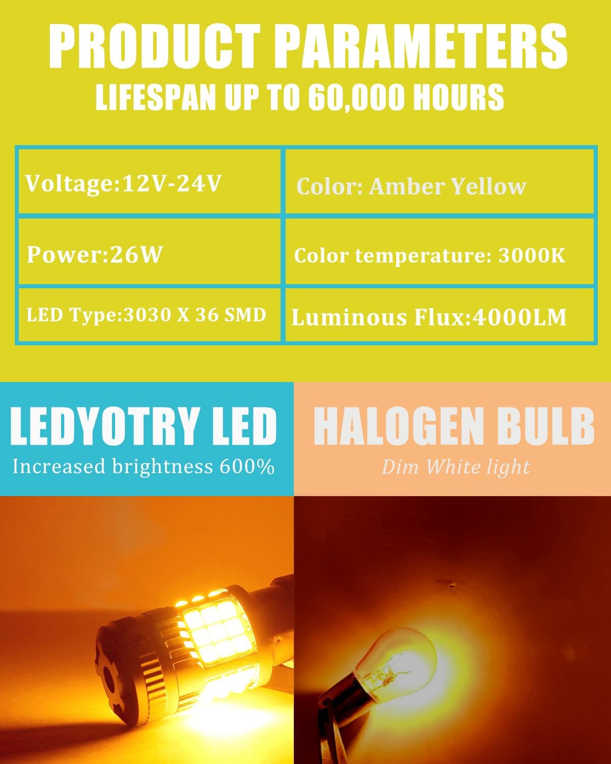 1156 LED Bulbs Amber Super Bright 4000LM Turn Signal Light Built In Resistor CANBUS Error Free 7506 1156A 1003 1141 P21W BA15S Bulb for Front Rear Blinker, Anti Hyper Flash (Pack of 2)