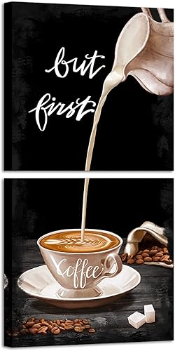 iHAPPYWALL Juego de 2 piezas de letrero de café con texto en inglés "But First Coffee", arte de pared vintage en blanco y negro, para cafetería,