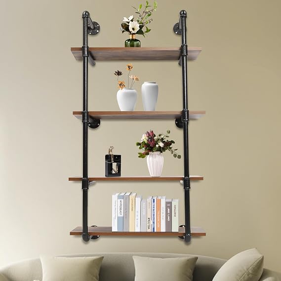 Industrial Pipe Shelving Wall Mounted, 24 in Rustic Metal Floating Shelves, Steampunk Real Wood Book Shelves,Bookshelf Hanging Wall Shelves, Farmhouse Kitchen Bar Shelving (4 Tier)