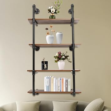 Industrial Pipe Shelving Wall Mounted, 24 in Rustic Metal Floating Shelves, Steampunk Real Wood Book Shelves,Bookshelf Hanging Wall Shelves, Farmhouse Kitchen Bar Shelving (4 Tier)