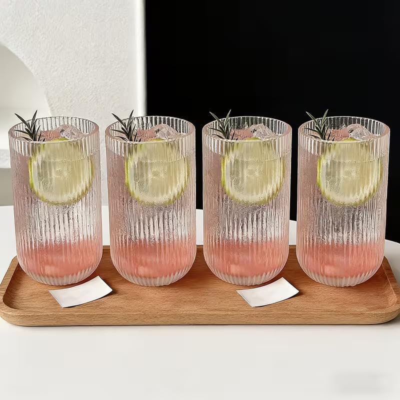 Image of criterion Ribbed Glass Cups Set of 4 - Clear Fluted Drinking Glasses for Iced Coffee, Boba Tea, Cocktails & Cold Drinks | Vintage Aesthetic Glassware for Home & Kitchen | 390ml