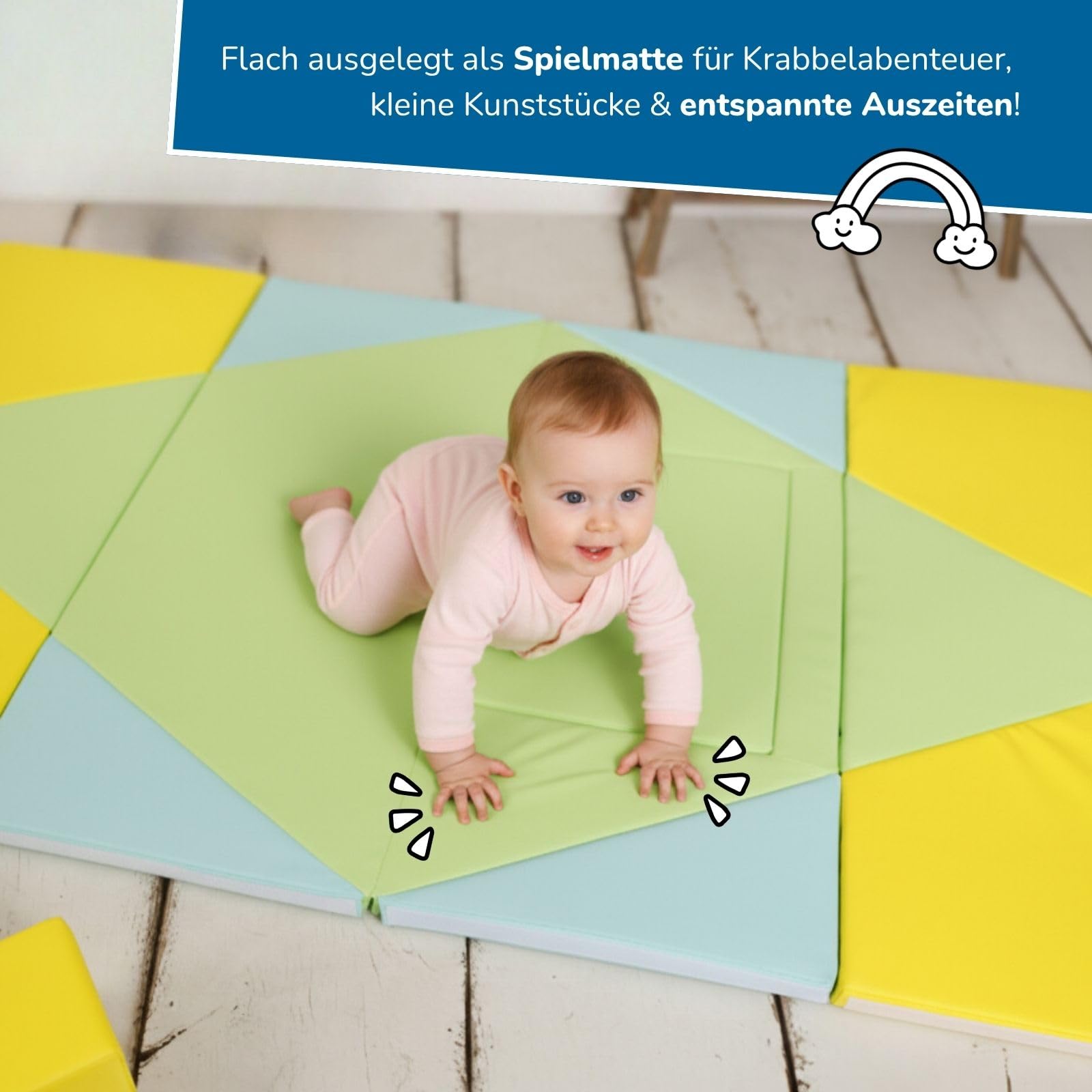 alldoro Faltbare Spielmatte 3-in-1, Krabbelunterlage, Tipi-Zelt & Spielboot | abwaschbares Kunstleder, weich gepolstert, 182 x 105 cm, Krabbelunterlage, Tipi-Zelt & Spielboot, Für Kinder ab 0 Jahren