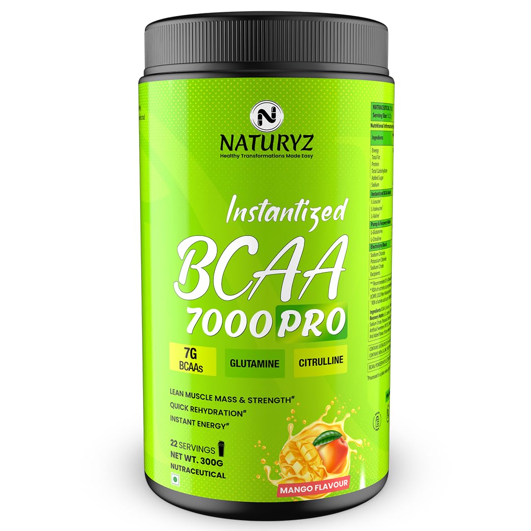 Instantized BCAA 7000 PRO |7G Vegan BCAAs | Glutamine | Citrulline | Electrolytes | 0 Added Sugar | Powerful Pre/Post & Intra Workout Amino for Lean Muscle Growth, Strength, Quick Re-Hydration & Instant Energy - 300g(Mango)