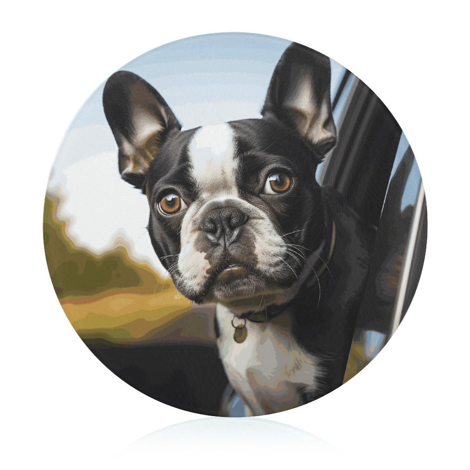 Puppy Dog Boston Terrier Cutting Board for Kitchen Mini Cheese Chopping Board Round Tempered Glass Chopping Block for Picnic Cutting Pizza Meat Fruit(7.9 Inch)