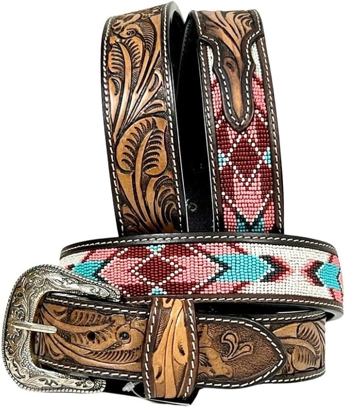 Handmade Beaded Western Men's Leather Belt Quality Thick Durable Wax Colorful Designs Cowboy Style Alloy Classic Fitted Casual Formal Wear in Pant Trouser Jeans Size: W-34-37/L-43in2