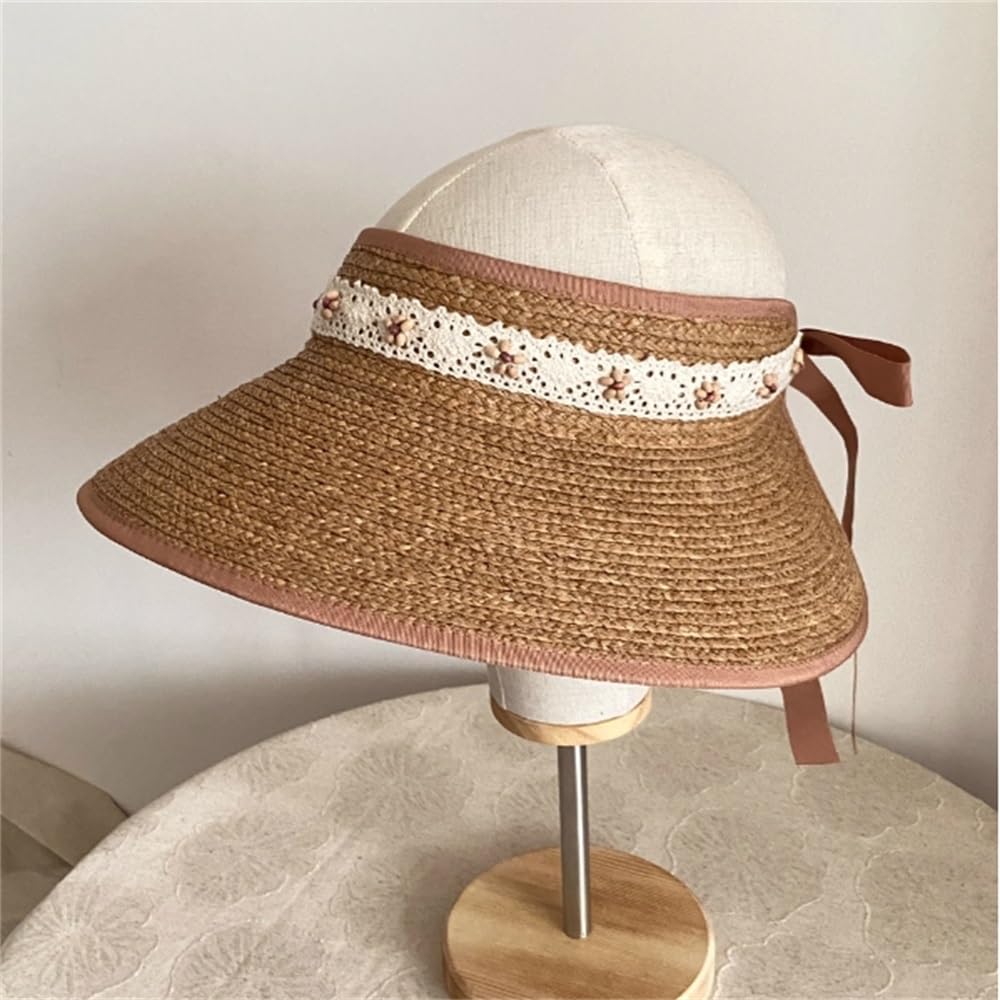 Visera de Paja para Mujer Elegante Sombrero De Copa Hueca For Salidas Festivas, Versátil For El Sol, Paja Rafia para Sombreado al Aire Libre