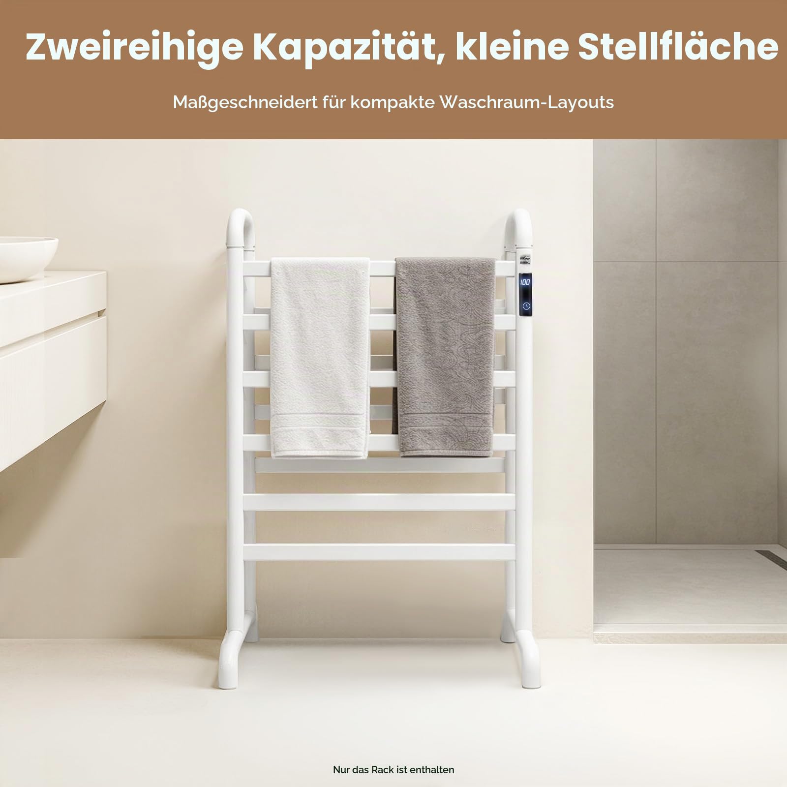 Handtuchheizkörper Elektrisch Handtuchhalter ohne Bohren 1-24h Timer, 45-60°C 180W Weiß Doppelstöckig Freistehend Handtuchwärmer für Bad bis 30kg 60 * 43 * 90.5cm