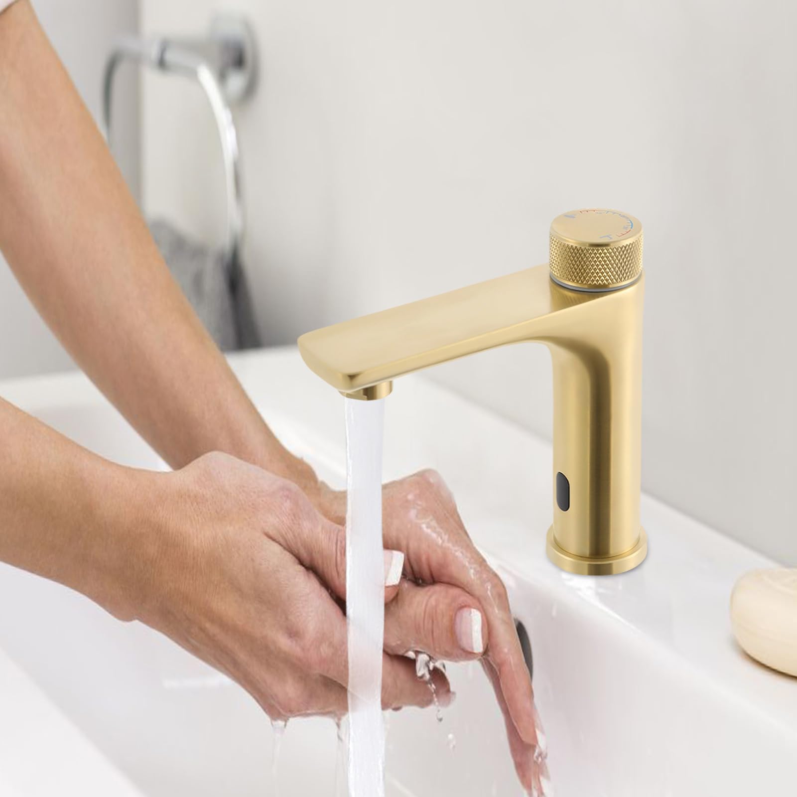 Grifo infrarrojo para baño con sensor, grifo de baño automático sin contacto, grifo de lavabo de inducción mezclador para lavabo, dorado