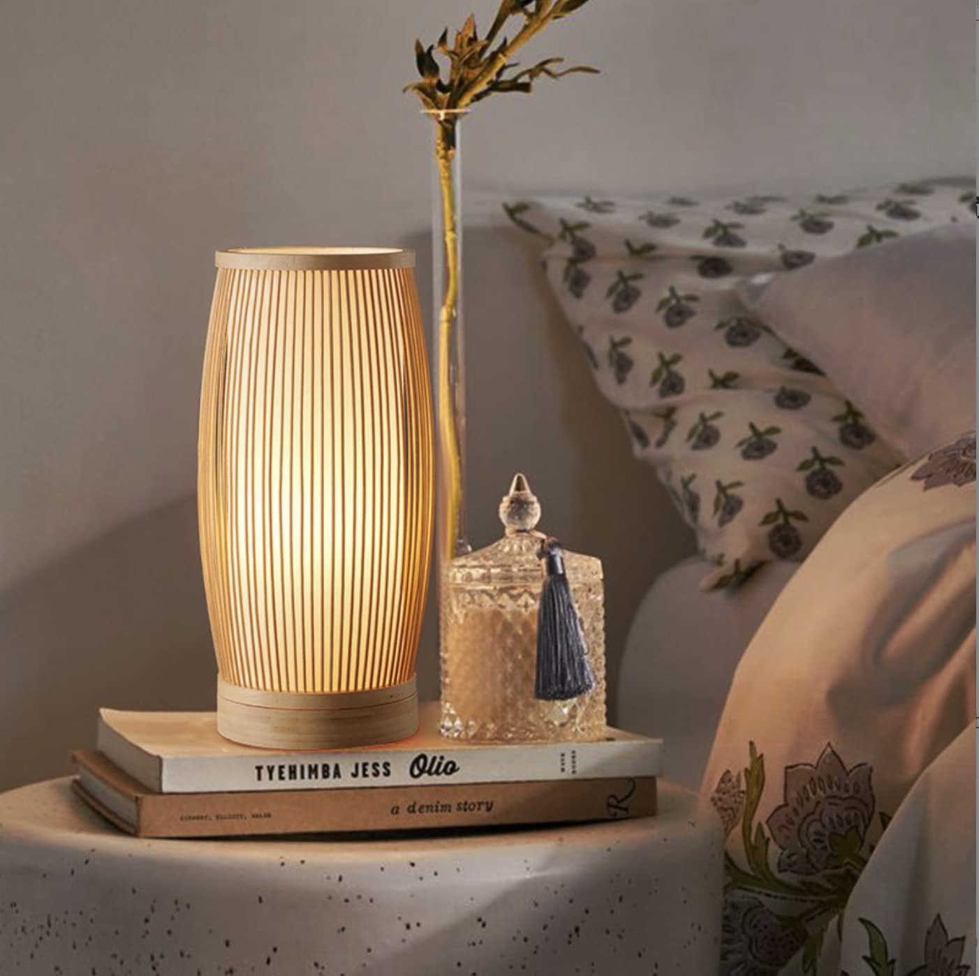 Lampada da tavolo in bambù lanterna decorativa illuminazione da tavolo rustica luce notturna lampada da comodino luce d'atmosfera per camera da letto, soggiorno, ristorante