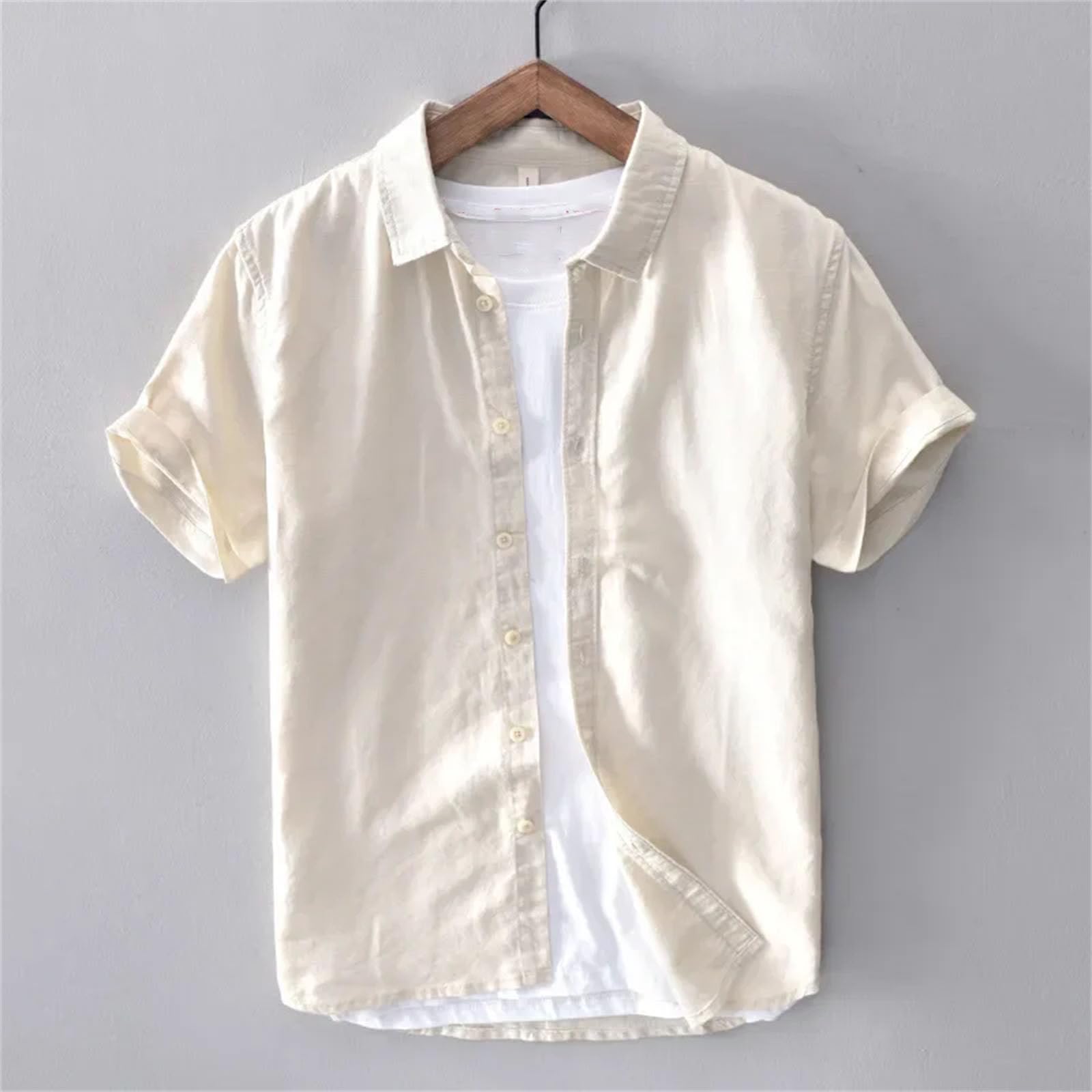 Camicie a maniche corte in lino di cotone per gli uomini casual moda gialla girare giù collare top