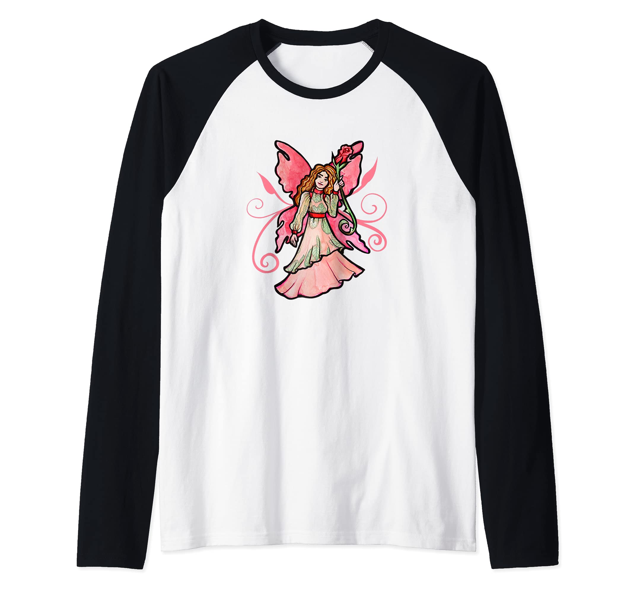 Cute Pink Fairy Garden Art Faerie Gardeners Raglan Baseball Tee, Black