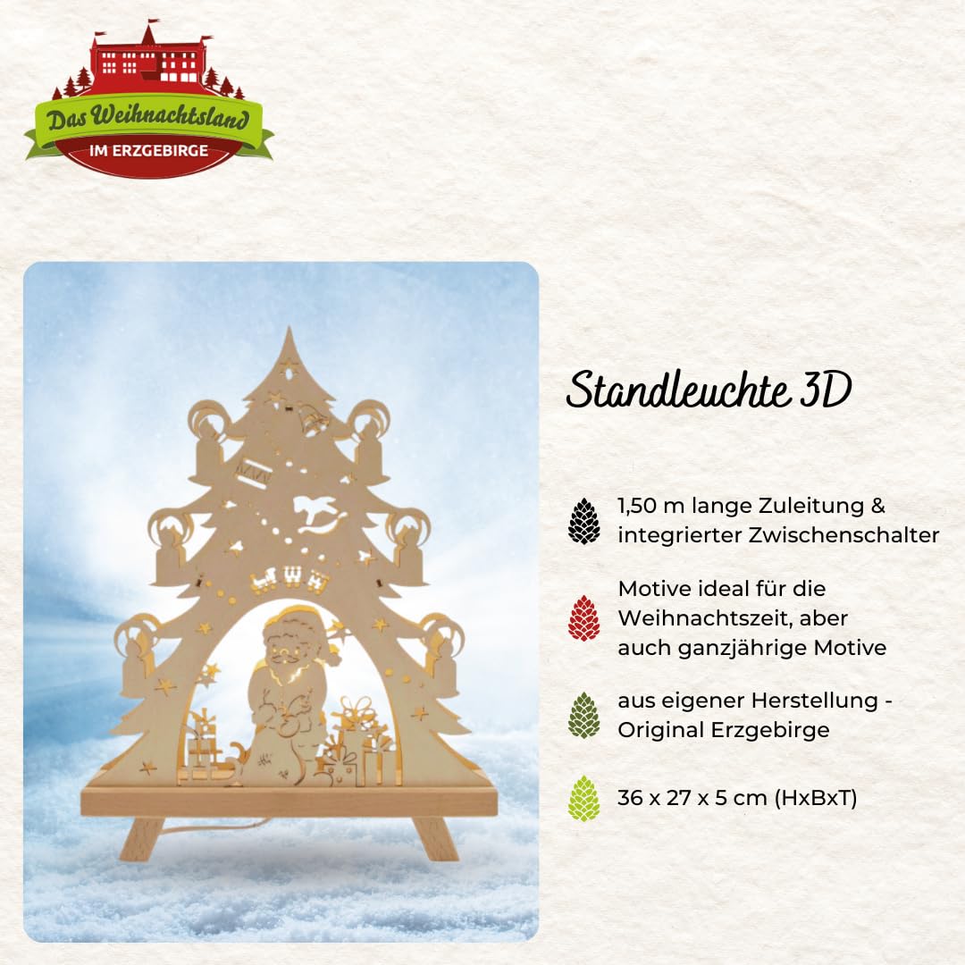 Standleuchte 3D – Weihnachtsdeko – Bescherung | 36 x 27 x 5 – Holz-Deko für Weihnachten – Fensterbeleuchtung – Original Erzgebirge – leuchtende Fensterdekoration