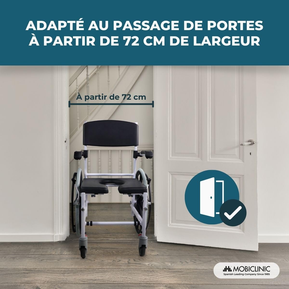 Mobiclinic®, Chaise de Bain et de Douche à Roulettes, Toilette Portable, Avec Cuvette Amovible, Automotrice, Réglable en Hauteur, Repose-pieds et Accoudoirs Rabattables, Caligula