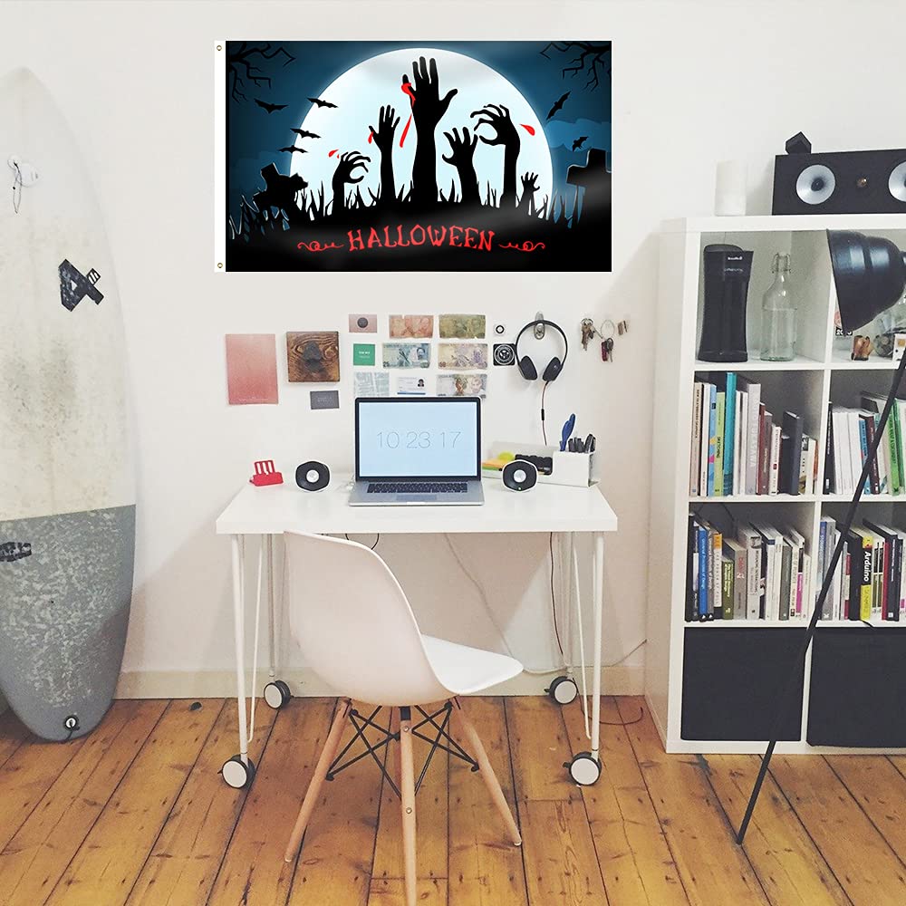 Arosche Halloween-Flagge 90 X 152 Cm – Doppelseitig Bedruckt, Mit Hexen & Katzen, Für Garten & Party