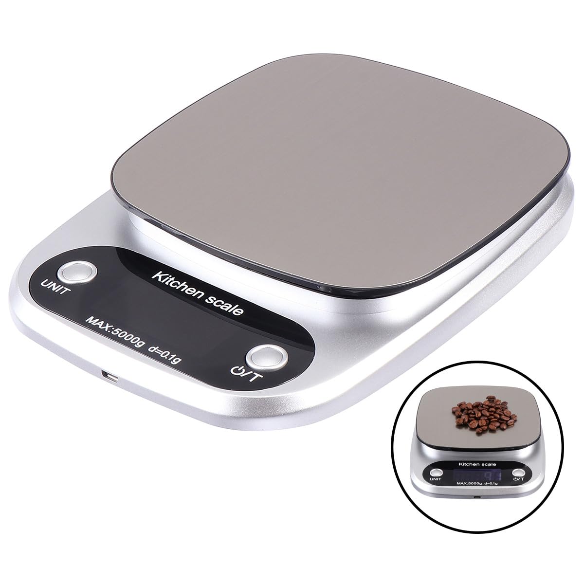 Báscula Capacidad de 5kg Digital de Cocina Portátil de Acero Inoxidable y Precisión de 0,1g Pantalla Lcd Recargable para Uso en Cocina y Joyería