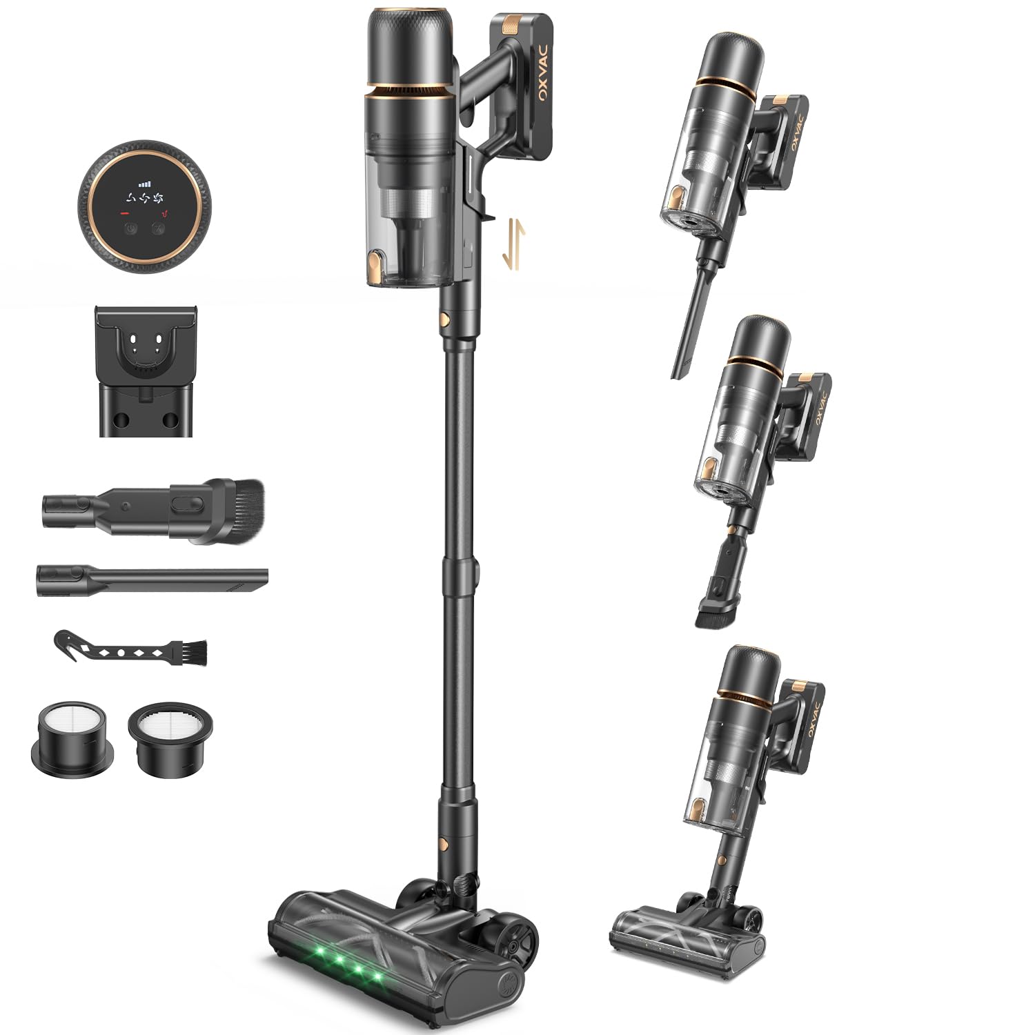 OXVAC Akku Staubsauger kabellos 58KPa/70Min/600W Smart Display 1,8L Behälter HEPA-Abstreifer selbststehend V-Anti-Tangle-Bürste Wandladestation selbstreinigendes Filtersystem für Tierhaare Teppiche