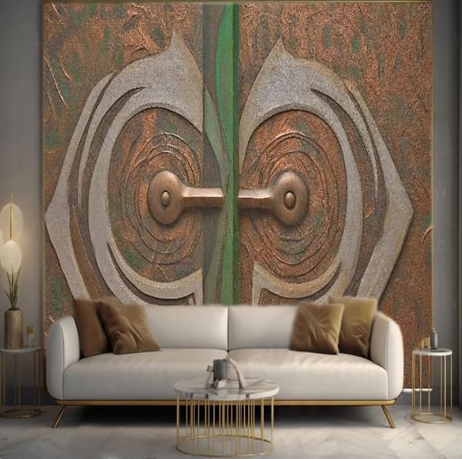 Papier Peint Vintage Porte Métal 3D pour Agrandir un Grand Salon