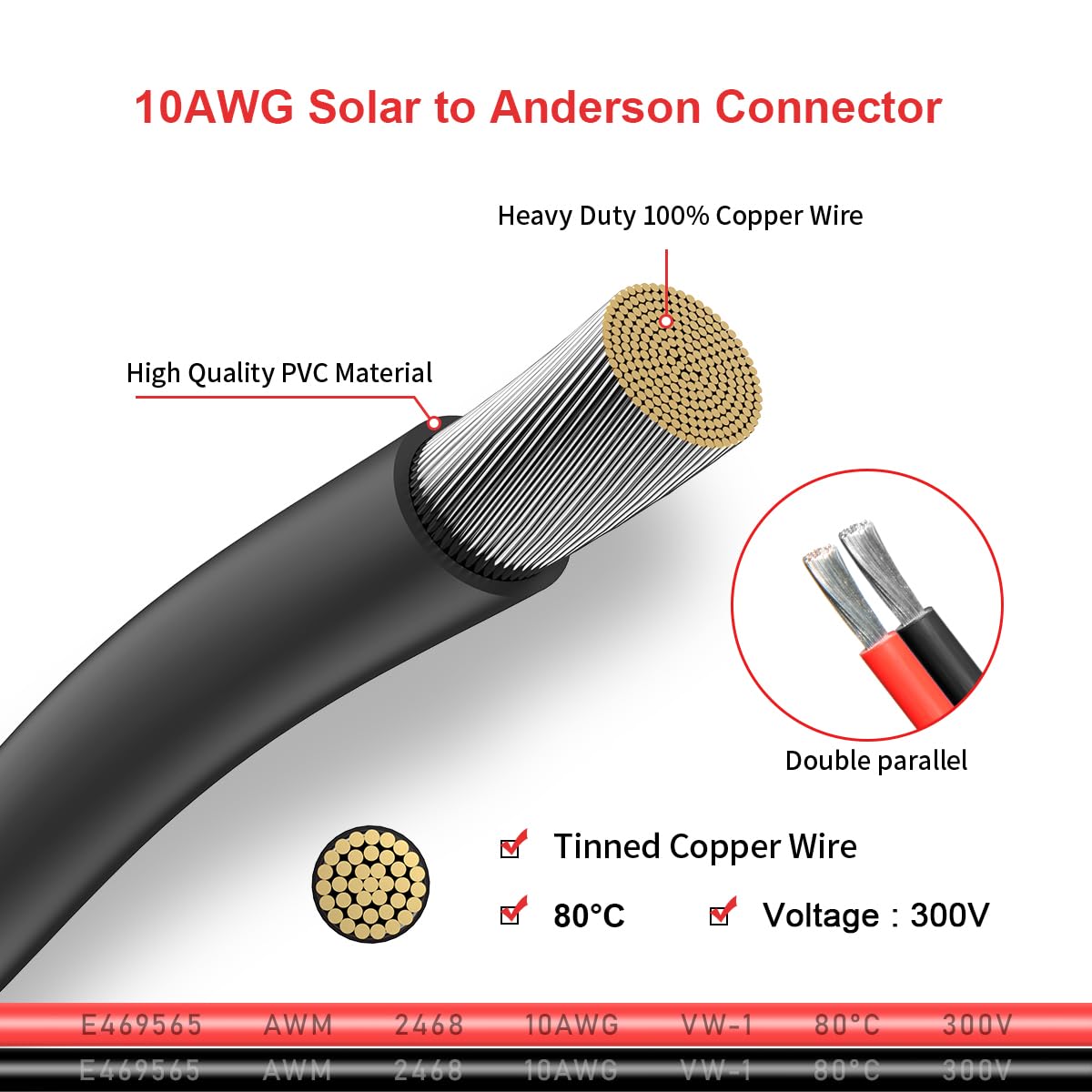 ELFCULB Cable Solar a Anderson, Cable de Carga Solar de 10AWG a Conector Anderson de 45A para Estación de Energía Portátil, Paneles Solares (1,8m)
