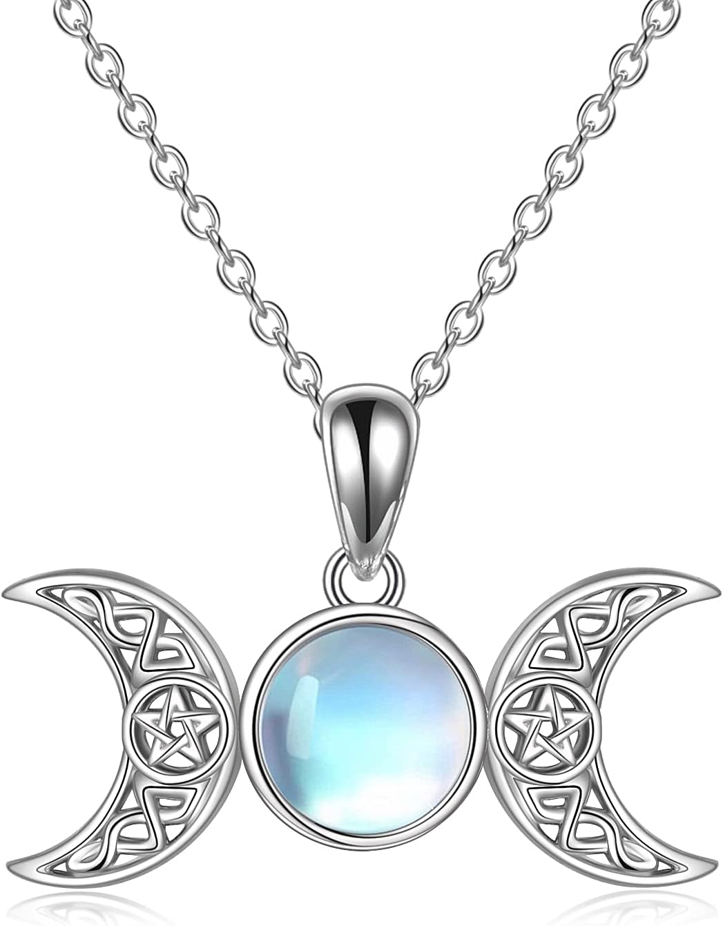 Triple Moon Goddess Amulet Pendant Necklace Sterling Silver Wiccan Jewelry for Women