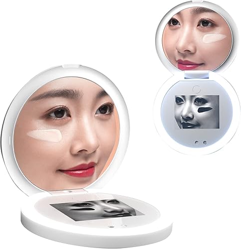 Espejo compacto con cámara UV para prueba de protector solar, aumento 2X, espejo de maquillaje portátil iluminado para comprobar protector solar
