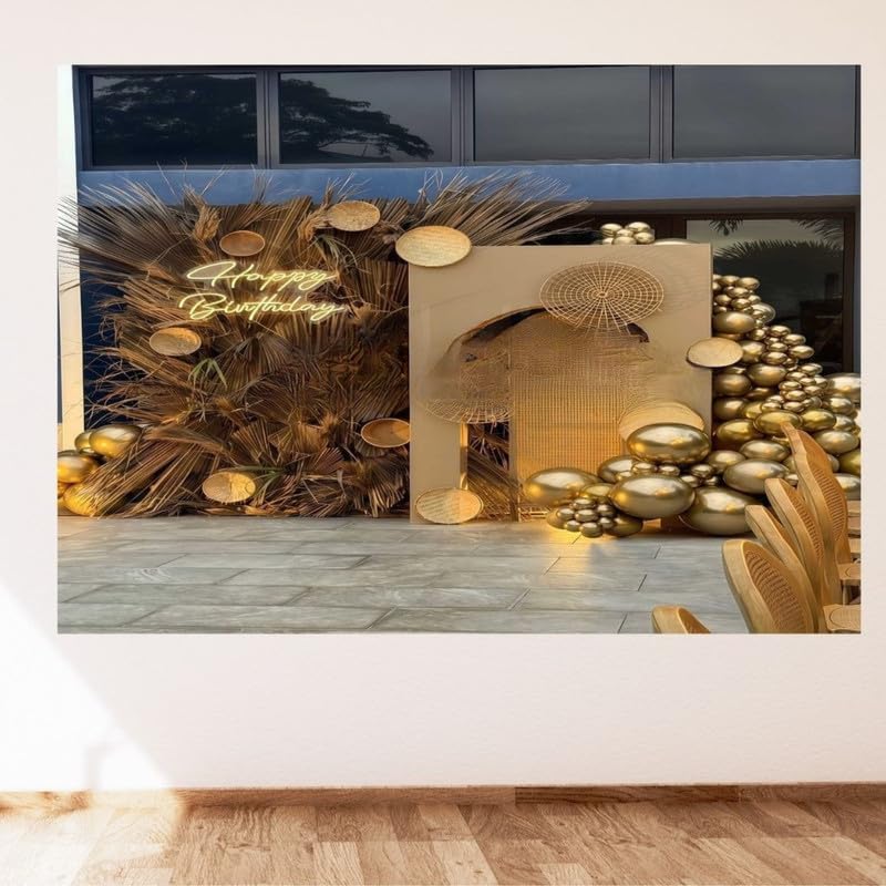 Image of Luxury Gold Boho Celebration Backdrop with Dried Palm Decor and Metallic Balloon Arrangement