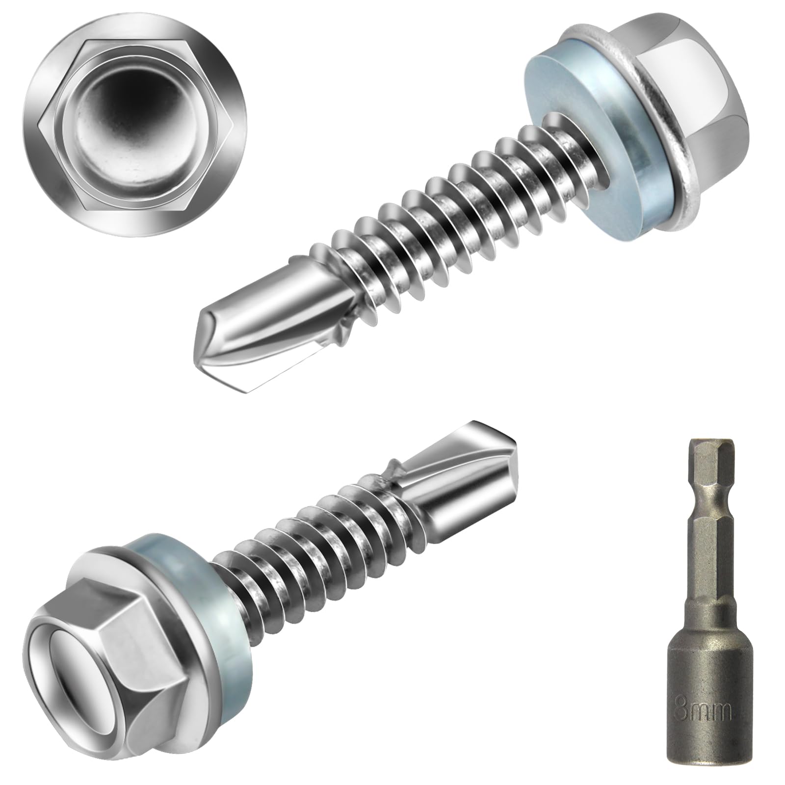 Poeland 40 sztuk wkrętów do blachy stalowej 5,5 x 25 mm, z uszczelką, wkręty do blachy trapezowej, sześciokątne, wkręty samowiercące do blachy dachowej, blachy trapezowej, stali, drewna z 1 kluczem