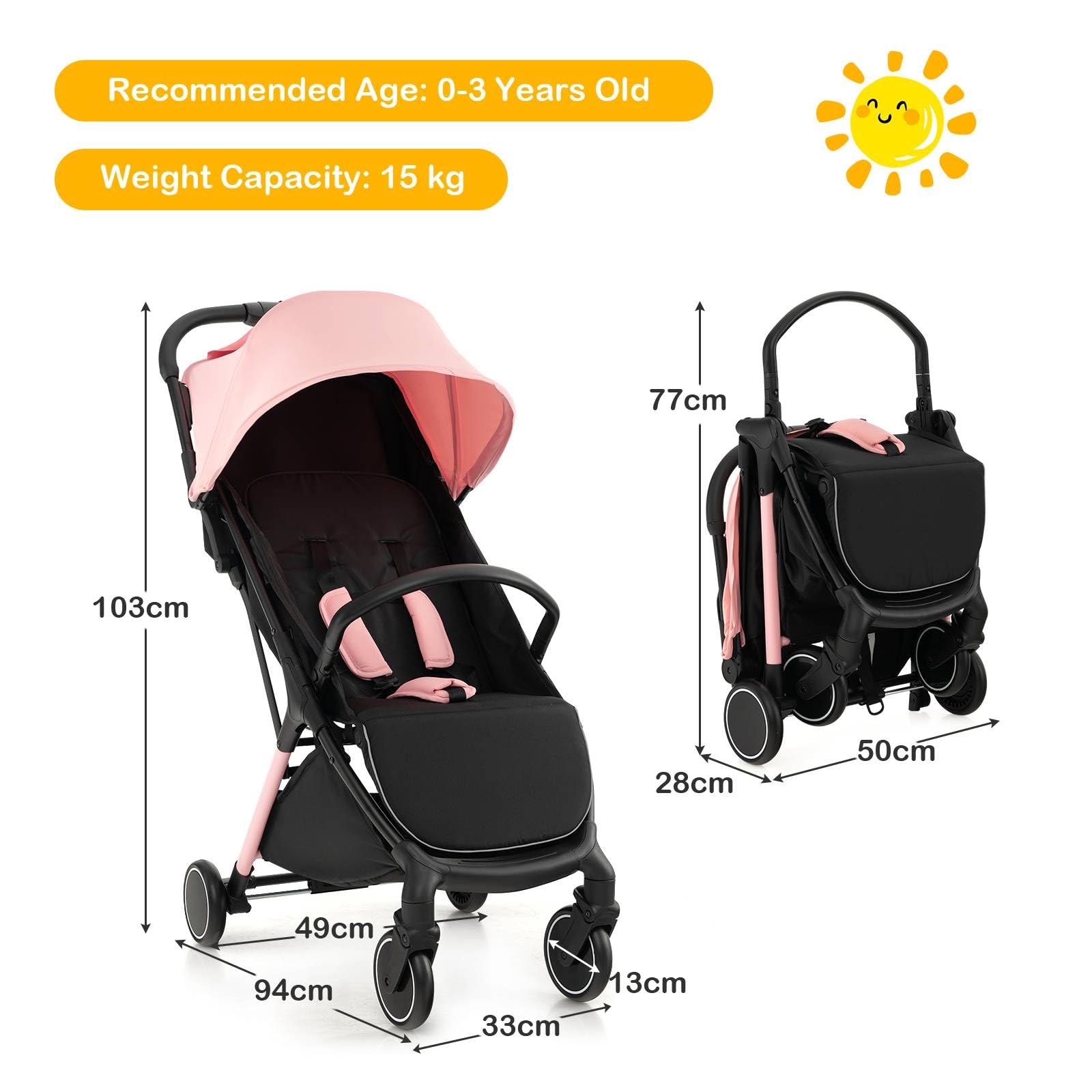 GYMAX Passeggino pieghevole portatile con una sola mano, cintura di sicurezza a 5 punti, ruota bloccabile, poggiapiedi regolabile, tettuccio e schienale, passeggino da viaggio per bambini da 0 a 3