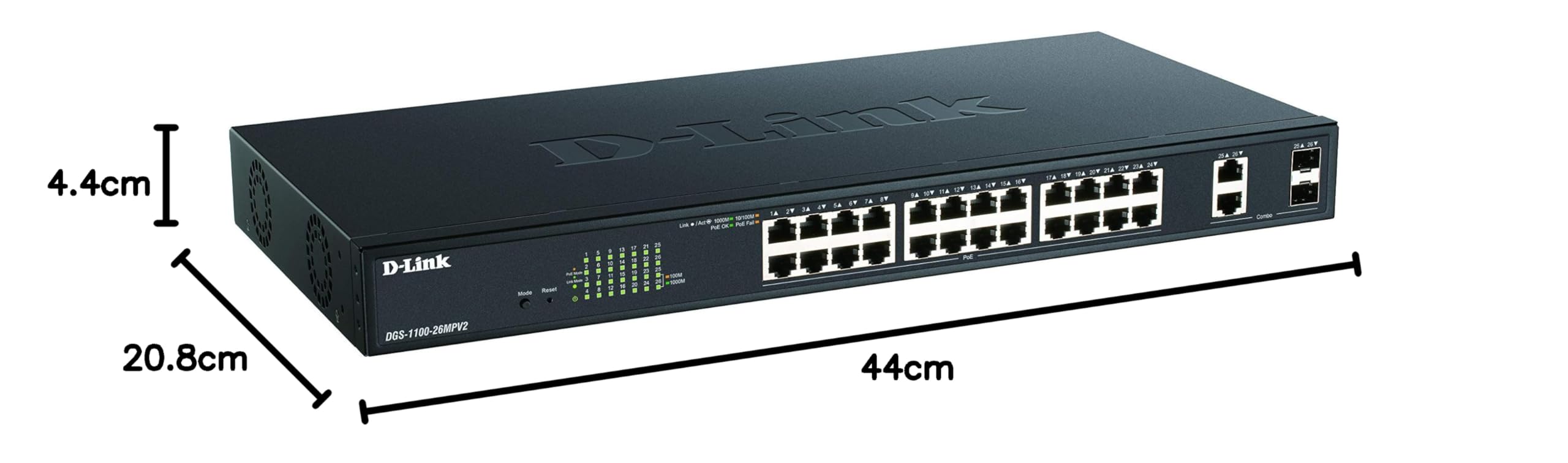 D-Link DGS-1100-26MPV2, Switch Smart 26 Puertos Gigabit, Combo, PoE, Power Over Ethernet, Gestión Web, Layer 2, VLAN, sin Ventilador, IGMP Snooping, VoIP VLAN, QoS, Seguridad Red, Montaje Rack