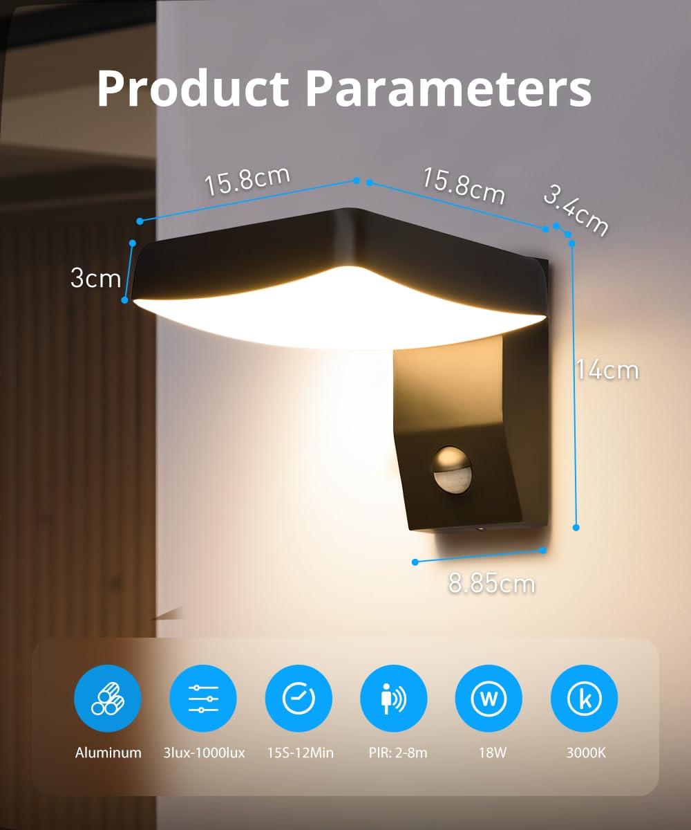 Bojim IP65 18W zewnętrzna lampa ścienna z czujnikiem ruchu, kinkiet z regulowaną wiązką, kwadratowa lampa ścienna ciepła biel 3000K lampa zewnętrzna do korytarza ogrodowego taras