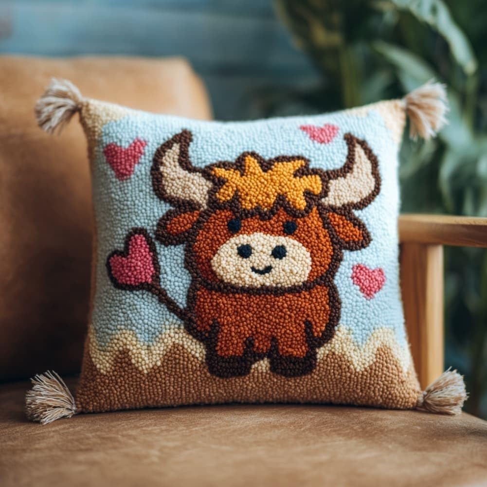 Taxpy Kit Pre-Printed Hook and Latch Rug Kits Highland Cattle Latch Hook Cushion Kit for Adults Beginners Cross-Stitch Embroidery Cushion Cover for Home Sofa Decoration 17X17 Inch
