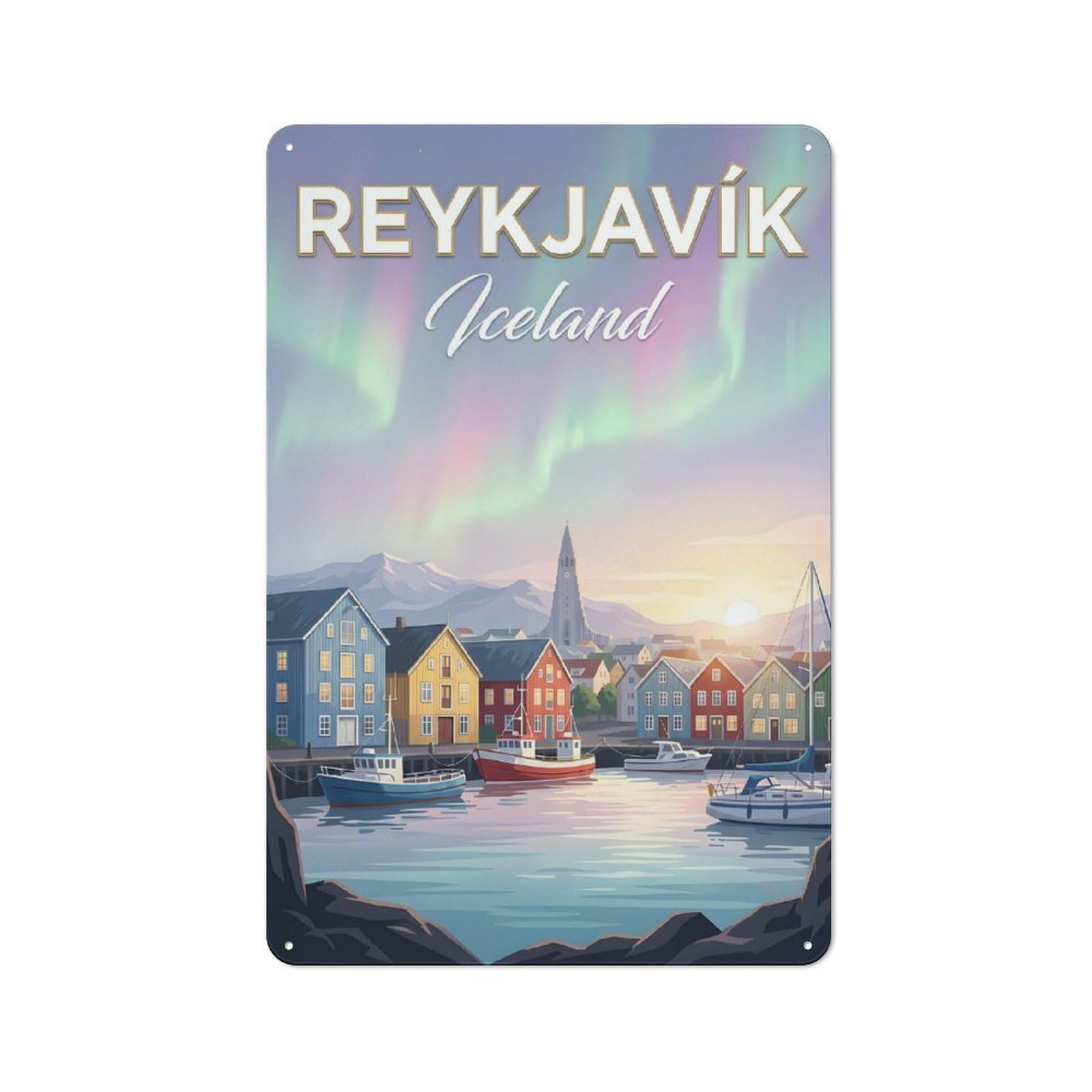 Junmoney Style-17 Reykjavik Iceland Aurora Borealis Retro Metal Wall Sign 30X20cm For Kitchen Or Home Bar, For Kitchen Decor Lovers Refreshing A Room In Autumn