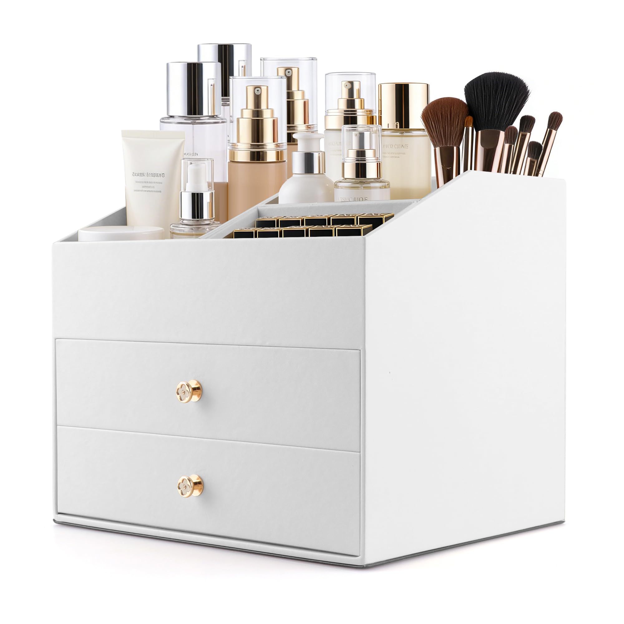 Homeanda Make-up-Organizer aus Kunstleder mit 2 Schubladen – Schreibtisch-Organizer für Kosmetik, Lippenstift, Hautpflege und Schmuck (weiß)