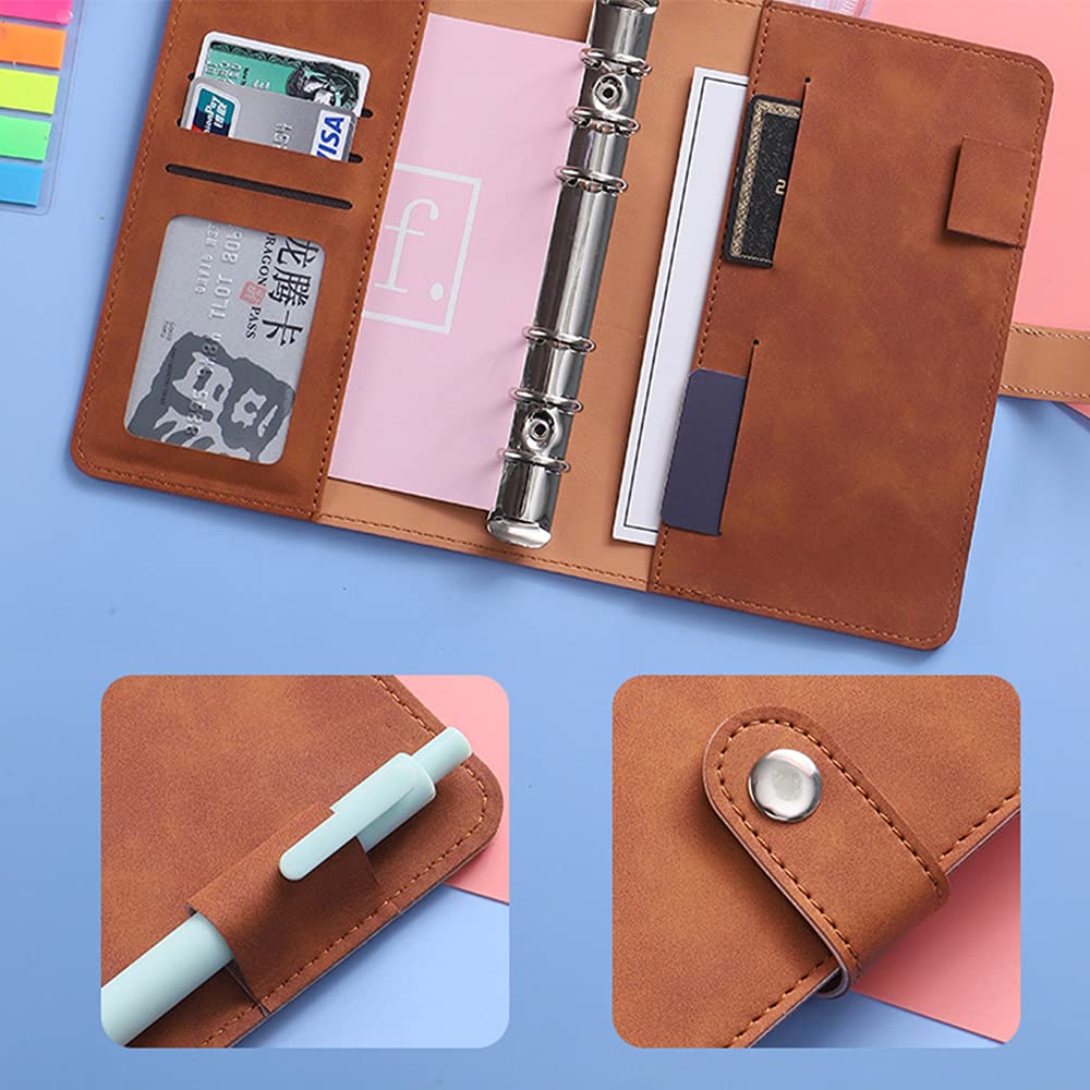 Carnet de Notes Rechargeable, Porte Documents Multifoncti, classeurs à feuilles A6, Portfolio en Pu Cuir, avec 12 Pochette à Glissière à Feuilles Mobiles, pour L'école de Bureau à Domicile (Marron)