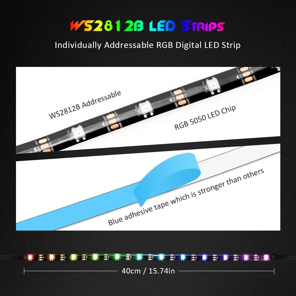 Excellux PC Case Lights, Addressable Magnetic RGB LED Strip for PC Motherboard, Computer case Light Strip, for ASUS, MSI& Gigabyte RGB Fusion 2.0, WS2812B Dreamcolor LED Strip for DIY 2 pcs 40 cm